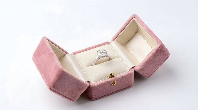 Pink Velvet Ring Box Open Showcasing Diamond Engagement Ring