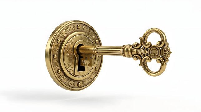 Ornate Gold Key in Decorative Round Door Plate