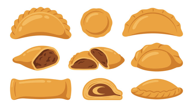 Set of golden baked empanadas and savory pastries, traditional snack food with flaky crust, culinary menu illustration, kitchen and catering design