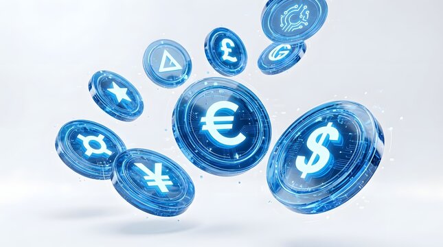 Futuristic Floating Currency Coins Euro Dollar Yen Pound Star