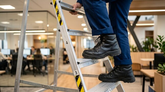 Professional Worker Climbing Metal Ladder in Modern Office