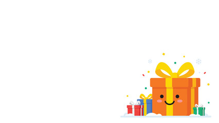 Fototapeta premium Smiling orange gift box with confetti in corner.