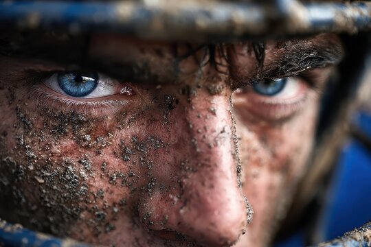 Mud-splattered athlete's intense blue eyes peer from helmet. Represents grit, determination, and raw athletic power in competition.