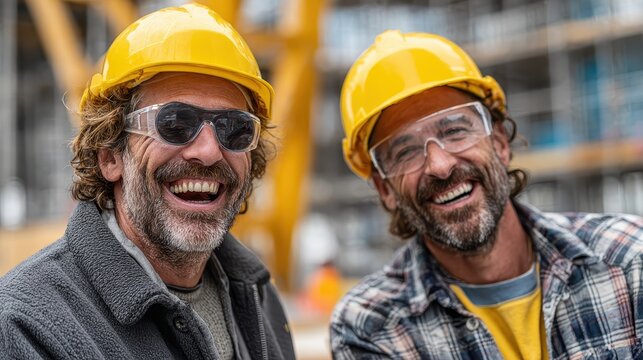 Smiling builders in yellow hard hats and safety glasses at site. Ideal for themes of job satisfaction, safety, and construction crew.