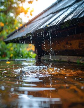 Raindrops cascade from a wooden roof into a rippling pool below.