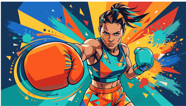 flat vector boxer poster Intense Vector Graphic of Female Boxer Throwing Punch in Colorful Abstract Background