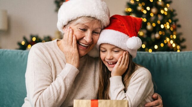Two joyful women wearing santa hats react to a christmas gift together indoors