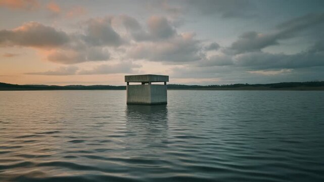 Wide Landscape View of Calm Water Reservoir with Concrete Monitoring Pillar at Sunrise