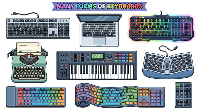 Collection of various keyboards and input devices from different eras.