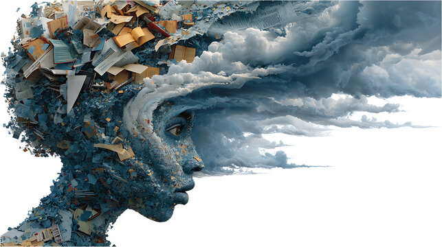 Surreal portrait of a human mind filled with books and papers, merging into storm clouds, symbolizing mental overload, anxiety, stress, confusion, emotional pressure and inner turmoil