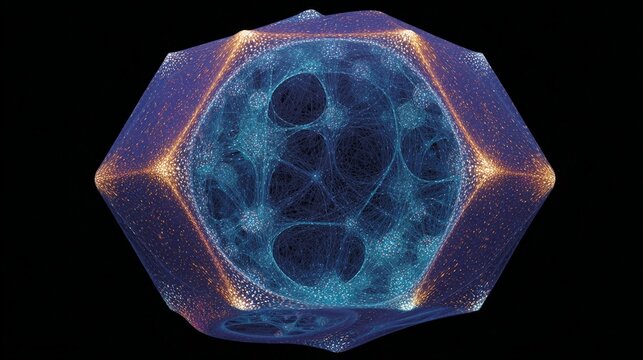 A captivating visualization of a finite universe showcasing nontrivial topology, featuring intricate geometric shapes and luminous particles against a dark background, evoking a sense of cosmic myster