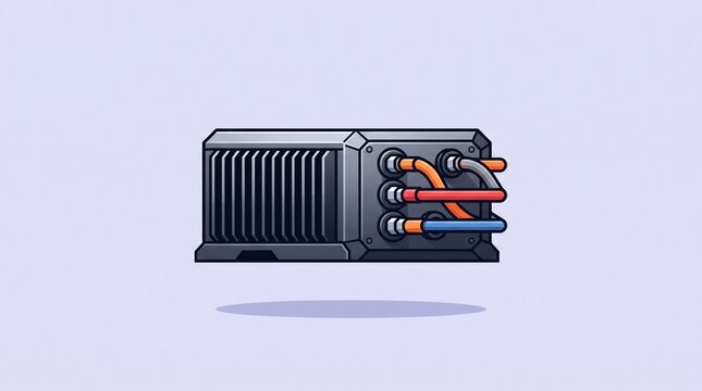 Electric vehicle power inverter icon with cooling fins and cable terminals, isolated on pastel background for automotive electrical system technology
