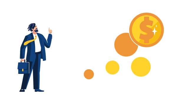 Businessman analyzes financial growth, gold dollar cent, penny, American currency. Business finance, background. Investment profit, income increase, people, bank, poster, brochure. Vector illustration