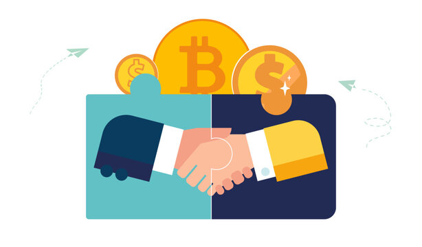 Business finance, handshake. Connection of puzzles, agreement to solve financial issue with dollar cents chisels. Businessman hand HR creates new connections to connect puzzle Flat vector illustration