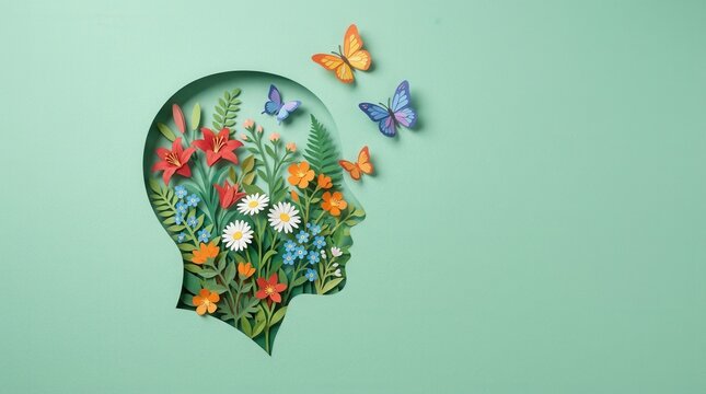 Cardboard silhouette of human head decorated with flowers and butterfly on mint background for World Mental Health Day concept vertical banner with copy space.