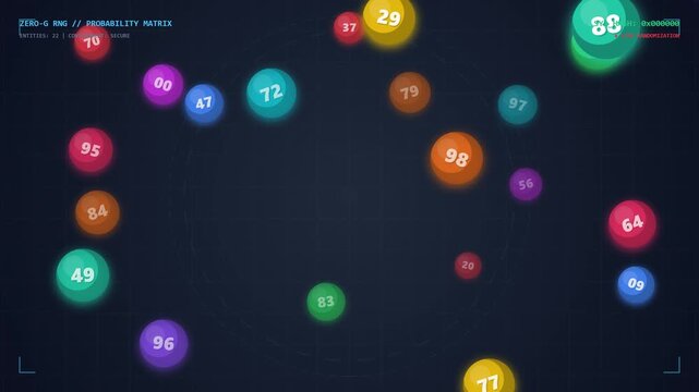 Random number generator with colorful glowing lottery balls floating in air