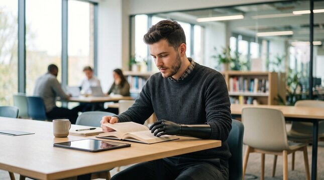 Young man with a prosthetic arm reading a book in a modern corporate office