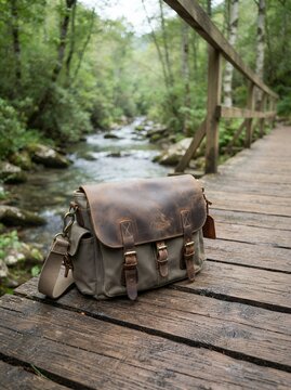 Vintage camera bag rests on a wooden bridge over a flowing forest stream.