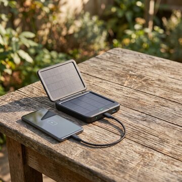 Portable solar panel charger connected to a smartphone on a wooden table