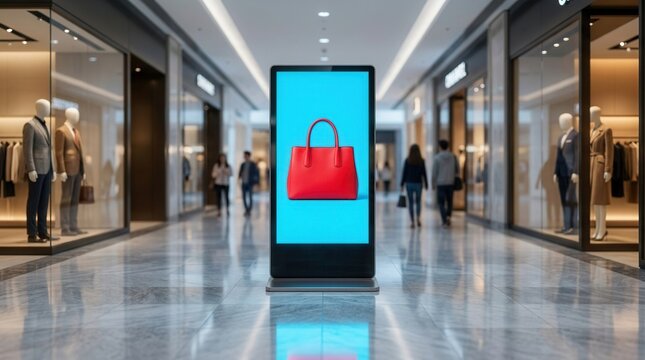 Vertical LED TV screen at the front of a fashion bags store in a shopping mall for showcasing branding and logos