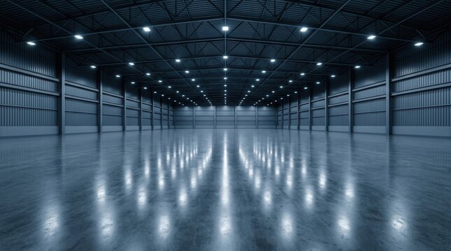Full seamless spherical HDRI panorama 360 degrees of a large empty room as a warehouse hangar or gallery with spotlights in equirectangular projection for VR AR concepts