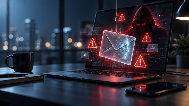 AI Phishing Trap Over Laptop in Dark Office