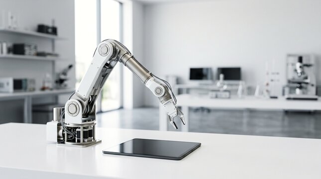Industrial robotic arm positioned next to a blank tablet on a white laboratory table
