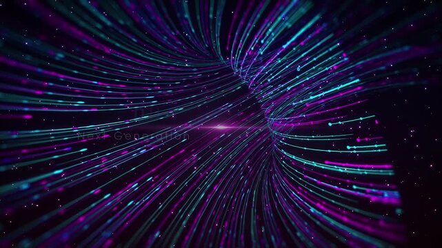 Animated blue and purple dotted trails form a wormhole-like network while revealing Quantum Data and Next-Generation Optical Network Systems with glowing particles and futuristic digital motion.