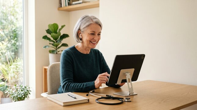 Mature female doctor using a tablet for a telehealth consultation at home