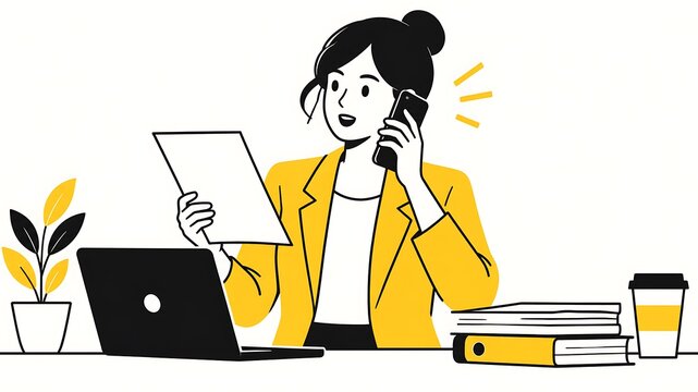 Minimalist, black-and-white characters with yellow businesswoman multitasking holding document and speaking on phone.