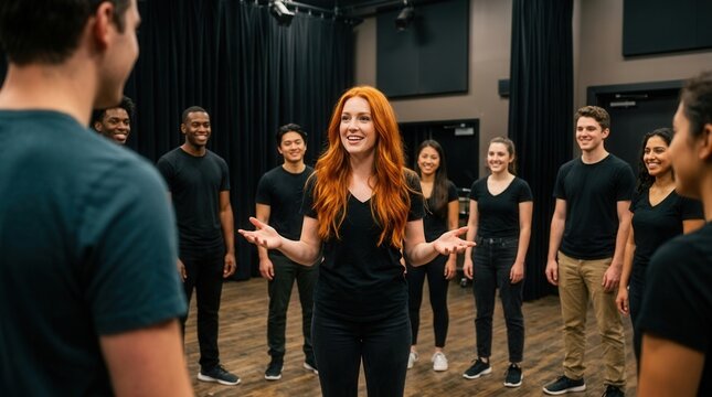 Diverse young acting students engaging in a performance workshop led by a confident redhead woman in a dramatic arts studio.