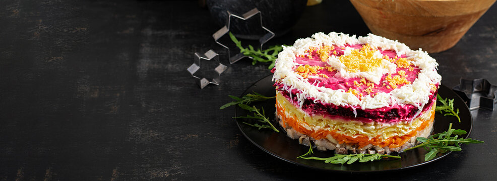 Classic Shuba Salad with Herring and Beetroot Layers. Banner