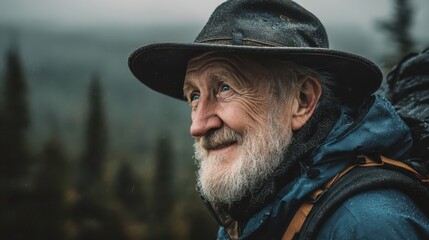 Obraz premium Smiling elder man with a white beard and wet hat in the rain. It conveys wisdom, resilience, and the joy of outdoor adventure.