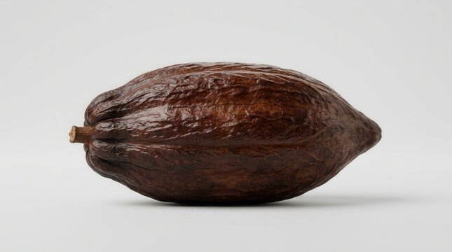 A single ripe cocoa pod on a neutral background displaying rich brown textures and natural grooves.