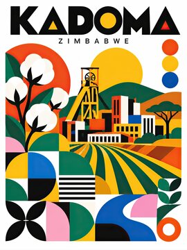 Colorful Zimbabwe-themed graphic poster featuring the Kadoma title, cotton plant, mining tower, sun, industrial buildings, cultivated fields, and geometric patterns.