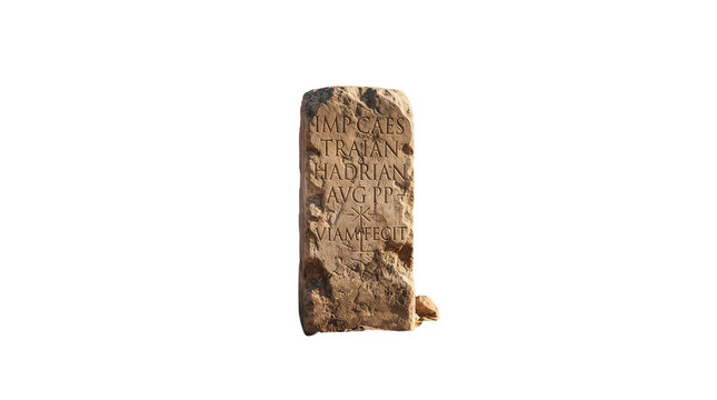 Ancient Roman stone tablet with Latin inscription, weathered archaeological artifact, historic carved limestone monument isolated PNG with Transparent Background