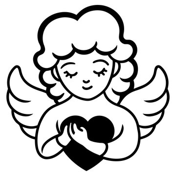 Peaceful Angel Line Art Illustration Holding Heart