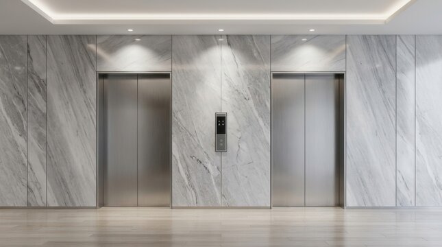 Modern elevator lobby featuring stainless steel doors and marble walls in a contemporary interior design.