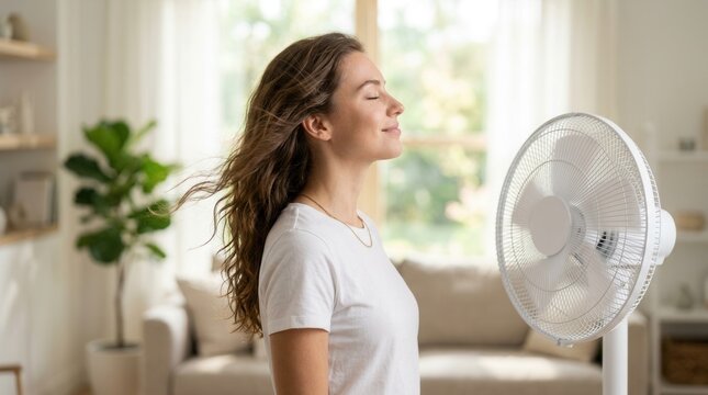 Young woman enjoying refreshing breeze from electric fan during hot summer day at home for cooling