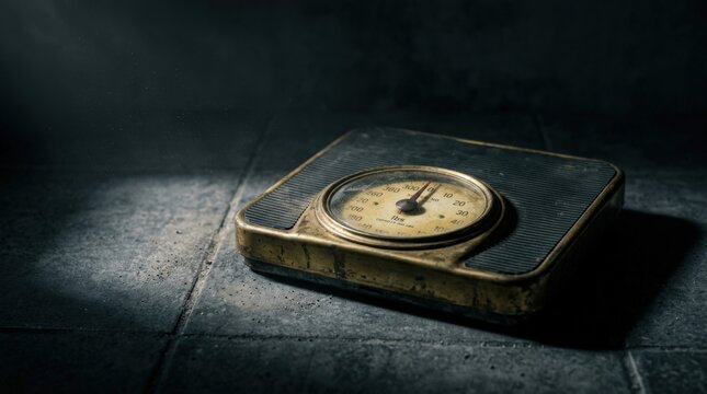 A vintage analog bathroom scale sitting on a dark textured floor under dramatic moody lighting representing health monitoring weight loss goals and personal fitness progress concepts