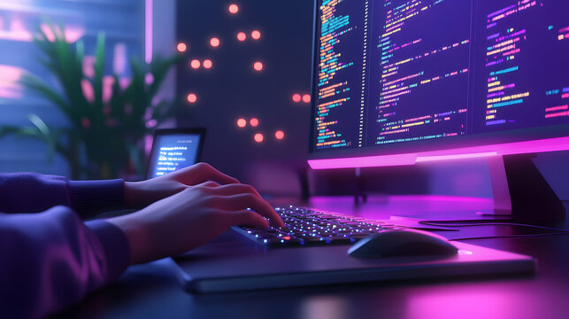 Hands typing website code on a keyboard, showing web development, programming, and coding.