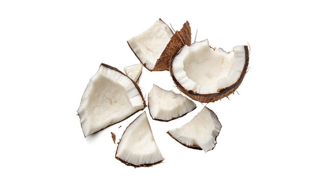 Pieces of cracked raw organic coconut shell harvest ingredient isolated on transparent background