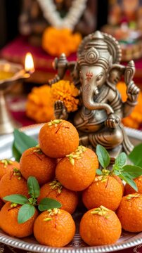 Hand picking a modak sweet offering for Lord Ganesha worship. Traditional indian dessert placed before ganesh idol during festival celebration and ritual prayer. Vertical video