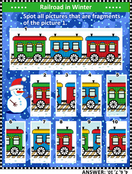 Christmas, winter or New Year visual puzzle or picture riddle with retro train cars in snowfall: Spot all pictures that are fragments of the picture 1. Answer included.
