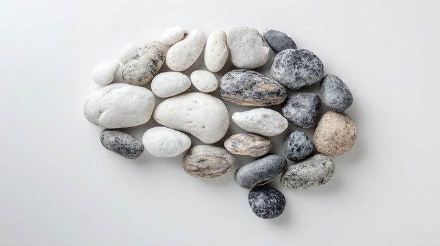 Pebbles arranged in the shape of a human brain on a white background, symbolizing mental health, mindfulness, emotional balance, grounding, resilience, calmness, and inner peace