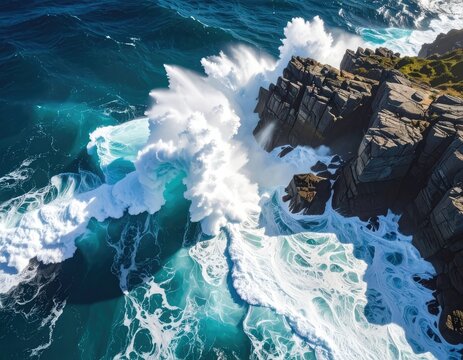 Powerful ocean waves crash against rugged cliffs.