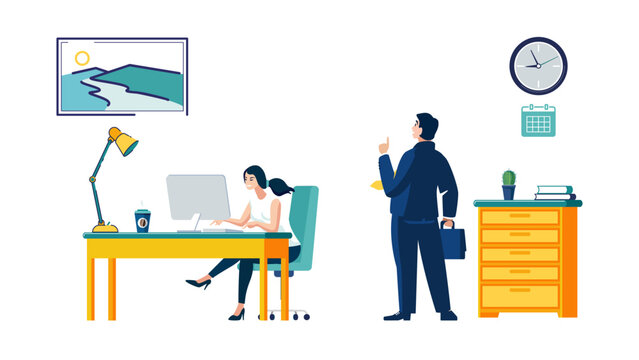 Business concept, young business people working in the office. Work, education. Girl at computer, businessman tells business plan, clock, students. Teamwork. Flat style cartoon. Vector illustration

