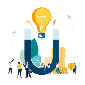 Big idea. Concept of attracting investments, money magnet of success, gold dollar cents. Business, businessman analyzes idea of ​​financial income. Teamwork, ethnic people. Vector illustrations