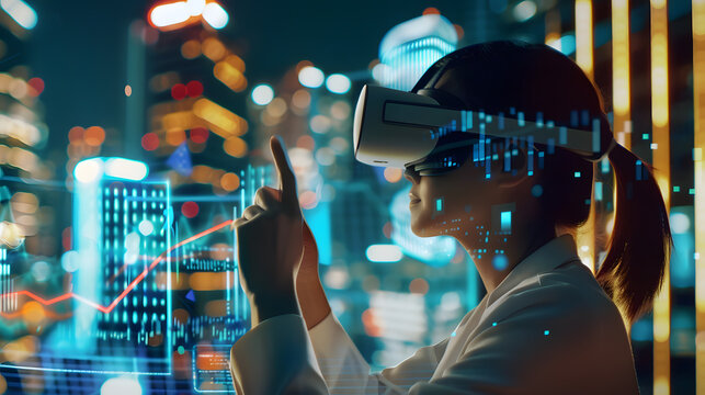 Technology analyst using virtual reality to analyze data trends and digital innovation AI.