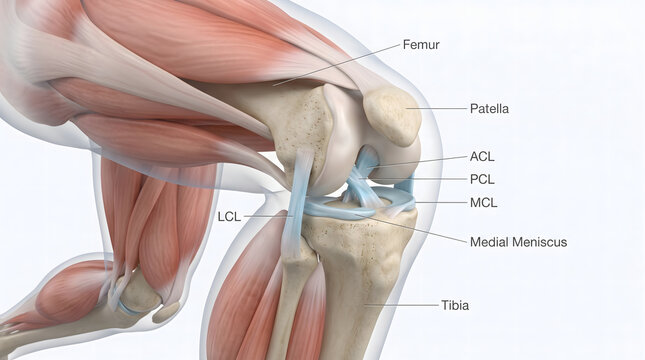 Detailed 3D anatomical illustration of the human knee joint, showcasing bones like the femur, patella, and tibia, along with key ligaments such as ACL, PCL, MCL, LCL, and the medial meniscus. This...